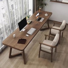 实木双人书桌长条桌靠墙庭院桌椅多功能轻奢高级办公电脑桌椅组合