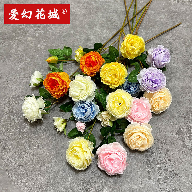 批发三头洋牡丹婚庆仿真花室内假花干花玫瑰花绢花束餐桌花装饰花