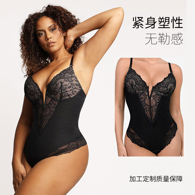 cross-border european and american style lace hollow-out jumpsuit sexy women‘s belly contracting and hip lifting corset large size body shaping bodybuilding underwear