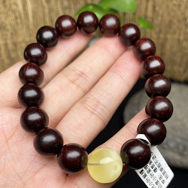 印度小叶紫檀1.2cm泥料搭配蜜蜡金星佛珠手串文玩盘完手链批发