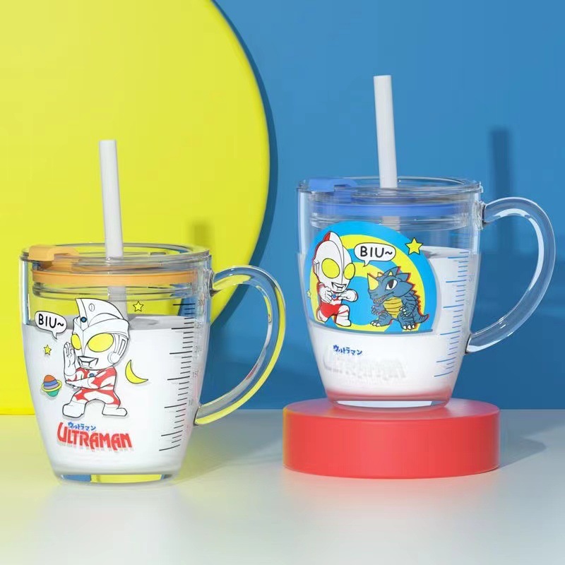 奥特曼钢化刻度牛奶玻璃杯耐摔儿童卡通带盖吸管水杯宝宝冲泡奶粉