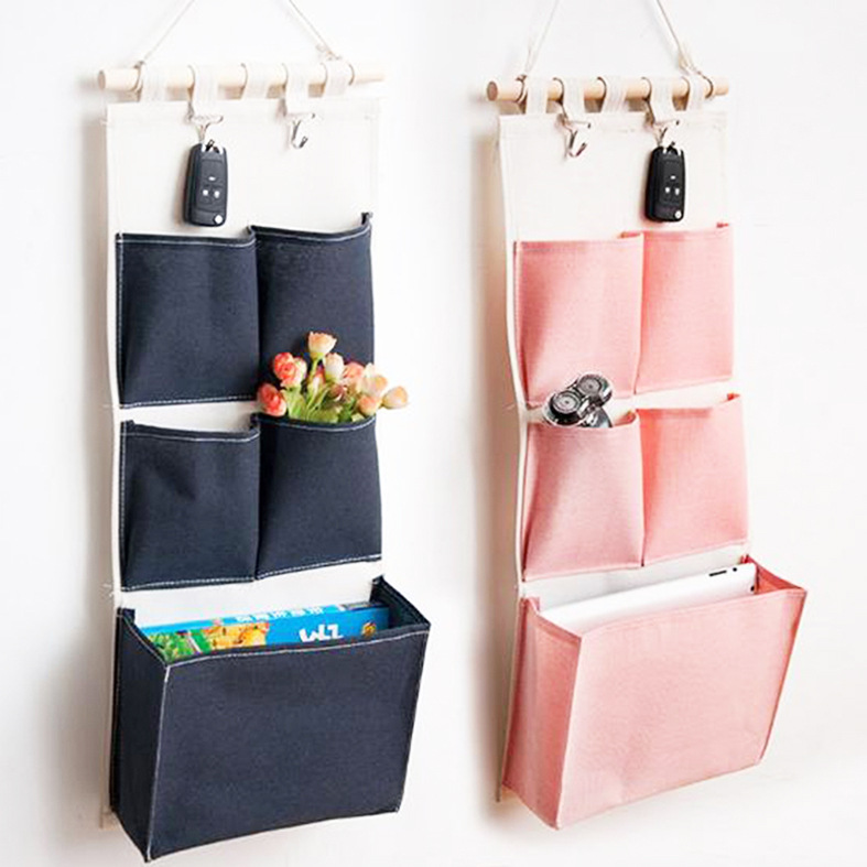 亚马逊家居杂物棉麻挂袋纯色多口袋帆布收纳袋客厅杂物收纳挂袋