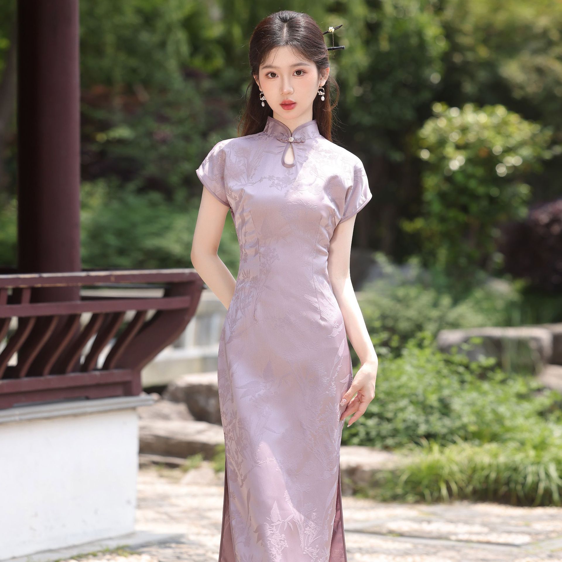 气质改良旗袍2024春夏新款连肩袖长款复古旗袍婉约气质日常可穿