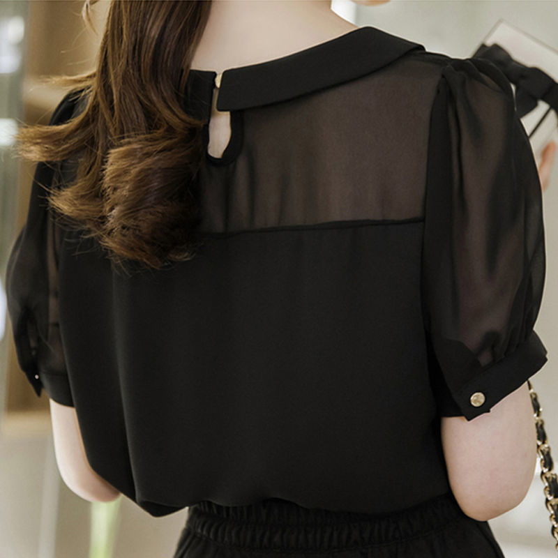 雪纺衫女夏短袖年新款韩版洋气小衫娃娃领网纱黑色泡泡袖上衣