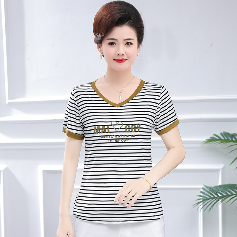 中老年夏装新款女士圆领条纹短袖t恤妈妈装休闲棉上衣简约打底衫