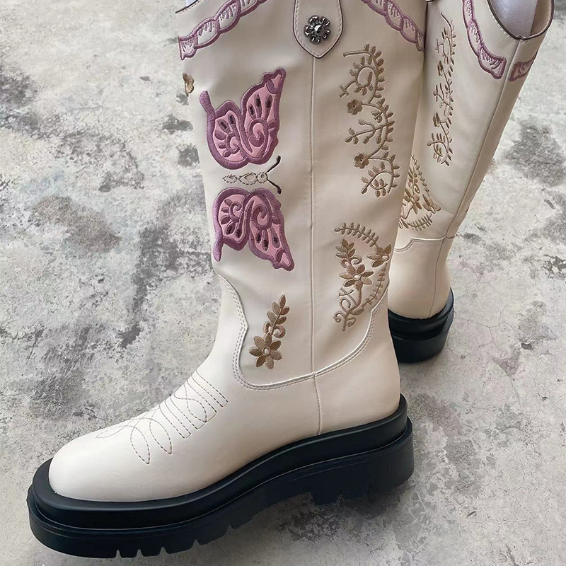Knight Boots Women‘s Autumn and Winter New Korean Embroidery Sleeve Western Cowboy Boot Mid-Calf plus Velvet Platform Thin Boots