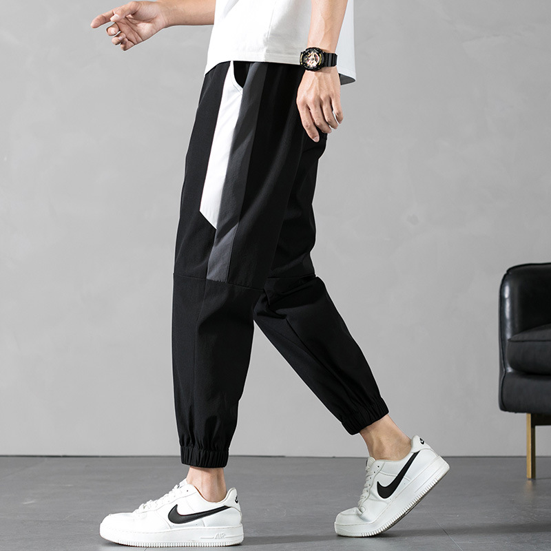 Summer Ice Silk Pants Men's Casual Pants Thin Loose Straight Ankle-Tied Cropped Tooling Sports Pants Men's Breathable