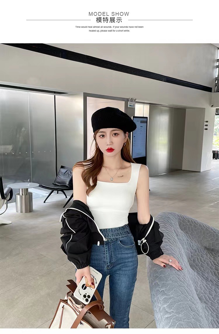 Ice Silk Back Shaping Wide Shoulder Square Collar Thread Vest Women with Chest Pad One-Piece Cup Inner Wear Outer Wear Seamless Camisole Women