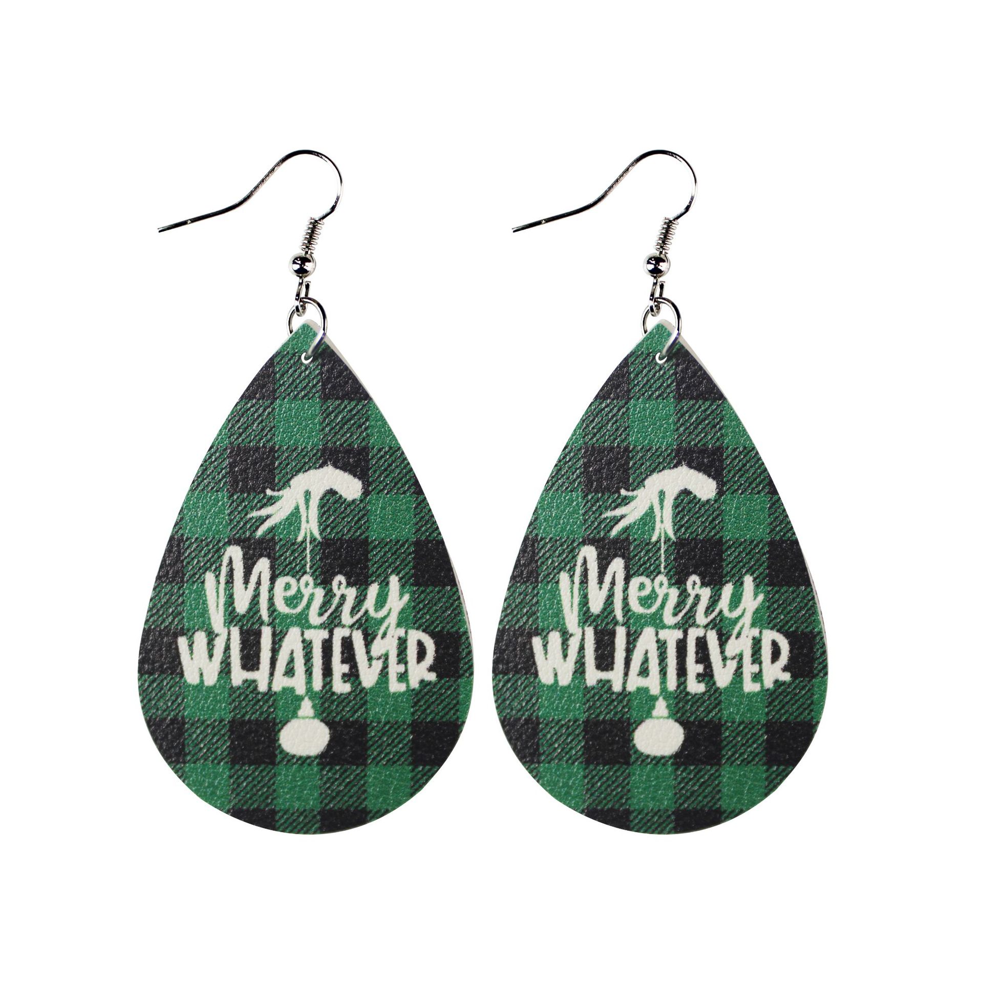 Christmas Leather Earrings Double-Sided Printing Composite Striped Plaid Grinch Ghost Elf Women's Pu Water Drop Earrings