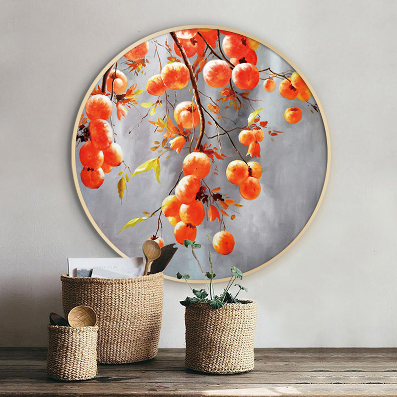 新中式圆形装饰画书房工笔画玄关餐厅挂画柿子民宿酒店壁画