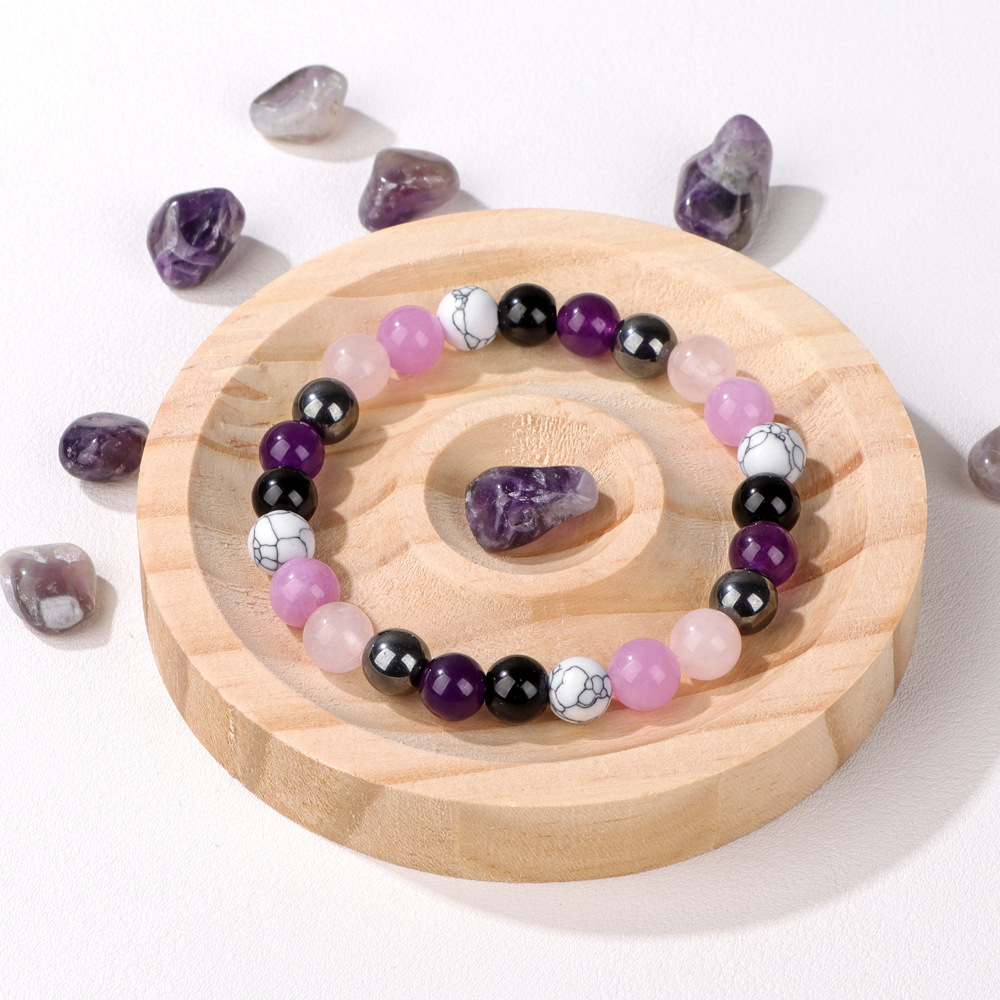 粉晶紫晶石头珠子手链好运个性潮流手串学生闺蜜手镯2024亚马逊款