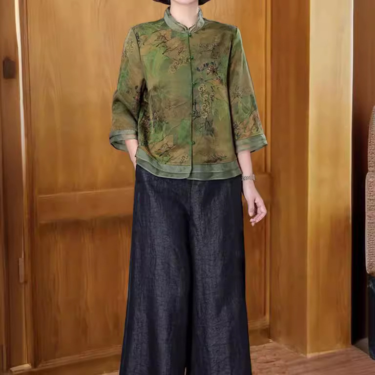 香云纱真丝上衣套装女2024新款中老年妈妈气质小衬衫桑蚕丝两件套