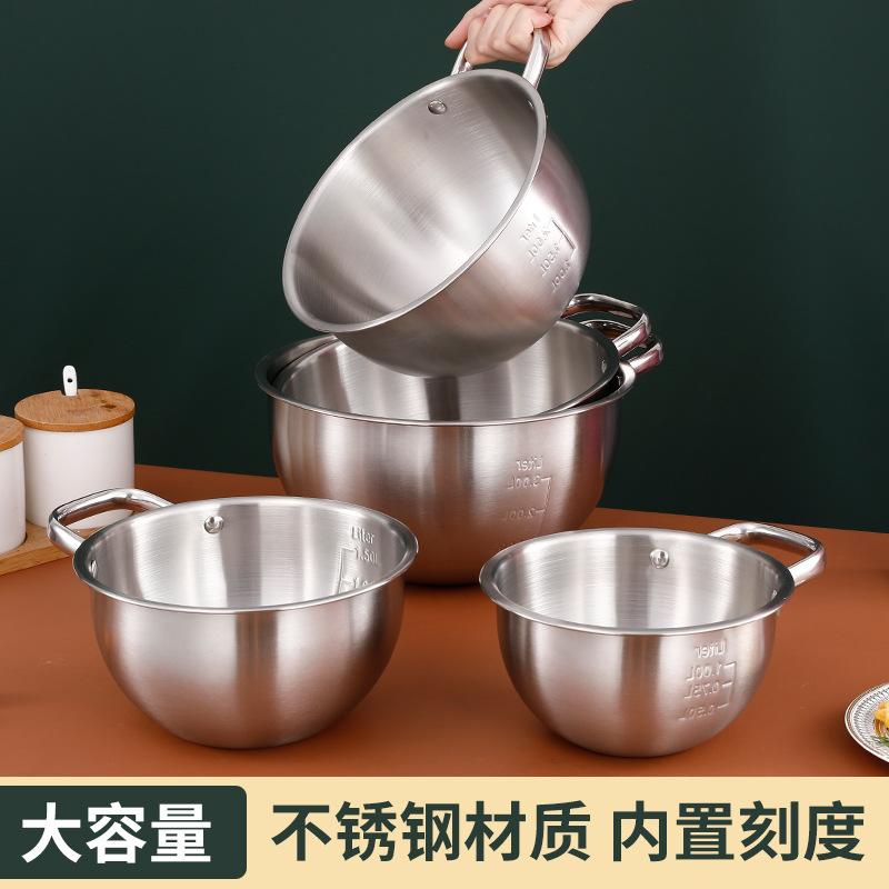 Thick Stainless Steel Silicone Bottom Egg Bowl with Handle Water Level Line Tilting Nozzle Mixing Bowl Silicone Salad Basin and Basin