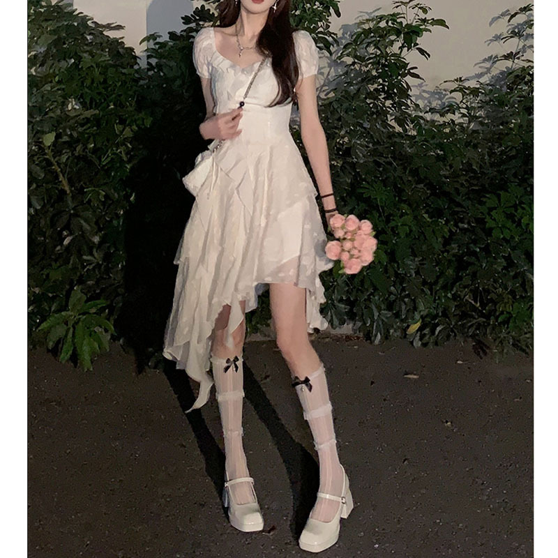 French Style Tea Break Dress for Women Early Spring and Summer 2024 New White Ruffled Irregular Slimming Short Skirt