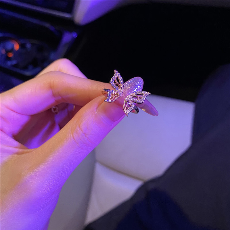 South Korea Dongdaemun Fashion Super Fairy Mori Style Butterfly Micro Inlaid Zircon Open Ring Ins Style Design Sense Index Finger Ring