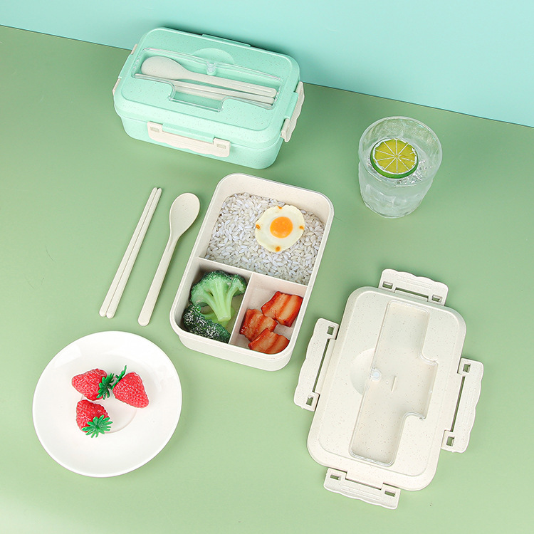 Wheat Straw Compartment Lunch Boxes Student Office Worker Japanese Ins Style Bento Box with Rice Lunch Box with Fork Spoon and Chopsticks