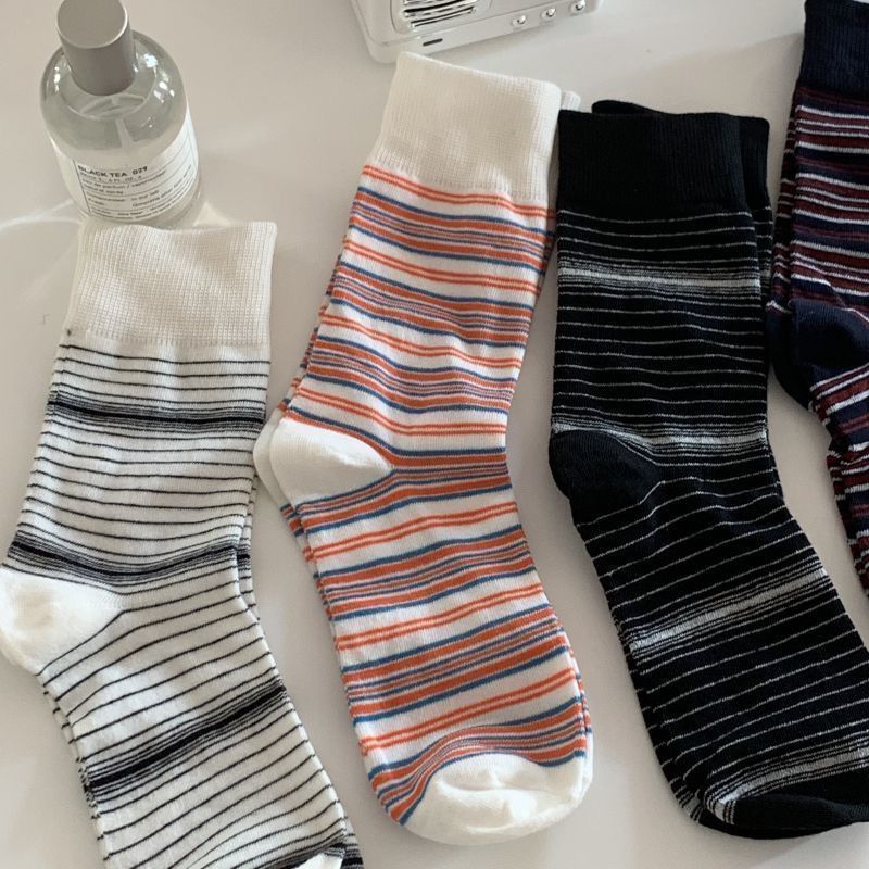 ins条纹袜子女韩版中筒袜百搭春秋简约长袜学院风堆堆袜运动袜