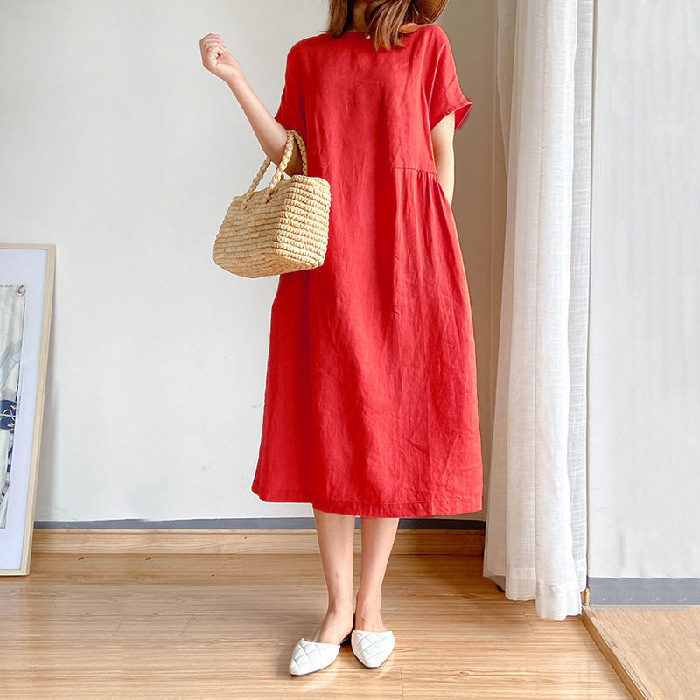 Cotton and Linen Solid Color Large Size Dress for Women Summer 2022 New Loose Slimming Plump Girls Japanese Mid-Length Dress for Women Women Clothes