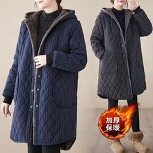 冬季外套加绒加厚棉衣女2023新款文艺大码女装连帽棉服格子棉袄女