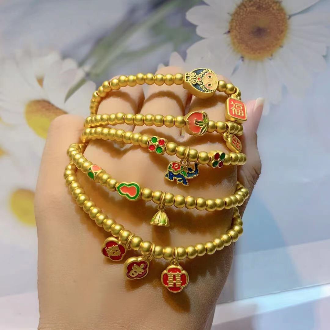 足金999古法传承手链莲蓬转运珠小金珠莲花女24k金3d硬金手串手镯