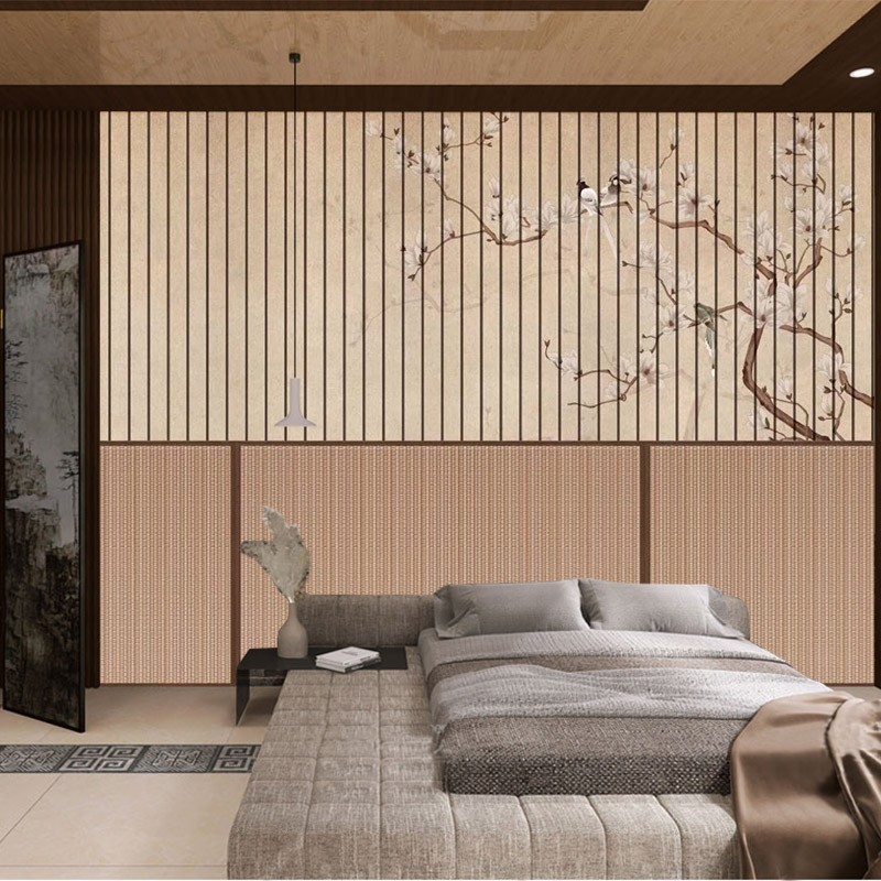 新中式墙纸简约素色原木风格书房茶室装修墙布卧室床头背景墙壁画