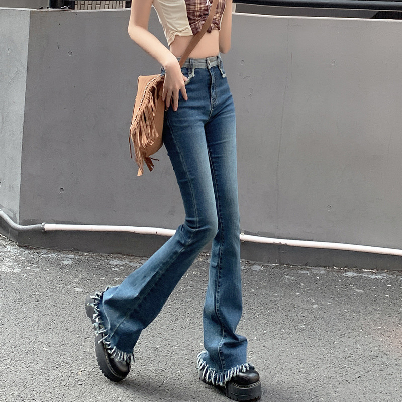 American Retro Tassel Slightly Flared Jeans Female New Patchwork Contrast Color Burr Design Sense Horseshoe Mop Pants Tide