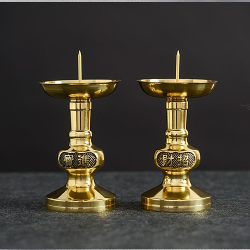 佛缘阁纯铜雕花旺财蜡烛台荣华富贵烛台蜡台供佛佛教中式铜烛台