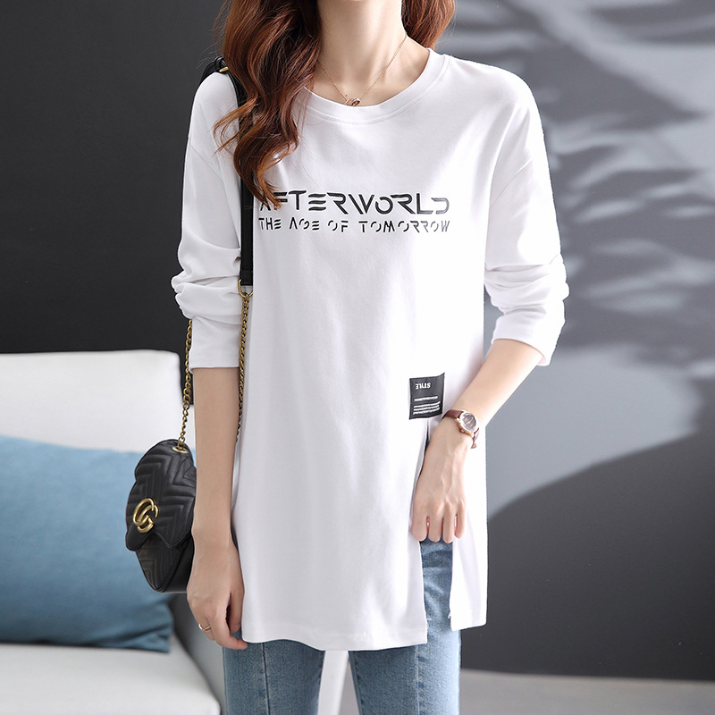 2021秋季时尚韩版休闲宽松长袖t恤下摆开叉时髦潮流字母上衣女潮