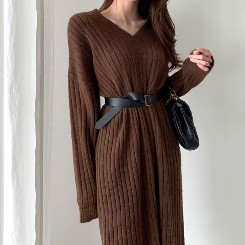 Knitted Dress Autumn and Winter New Lazy Wind Mid-Length V-neck Sweater Women's Korean Style Loose Pullover Woolen Skirt