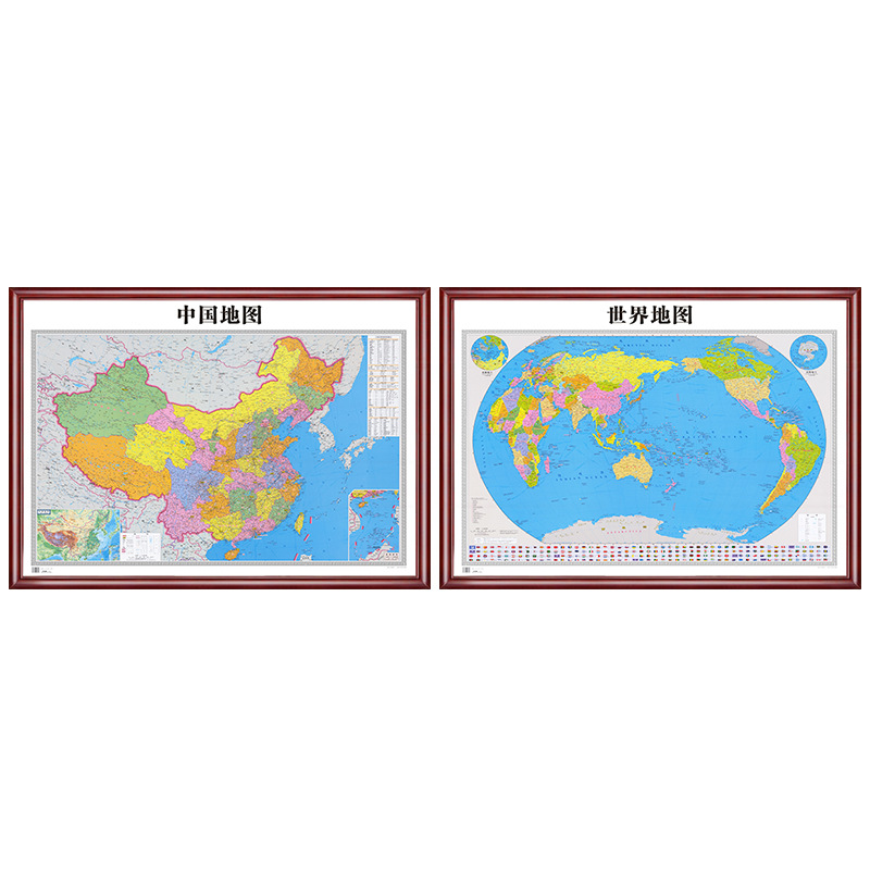 Framed China Map World Wall Chart 2023 Framed Office Background Wall Decoration Hanging Painting Solid Wood Mounting