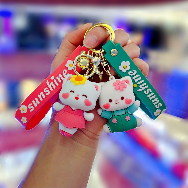 Creative Genuine Cartoon Cat Flower Keychain Cute Rose Kitten Key Chain Pink Meow Pendant Wholesale