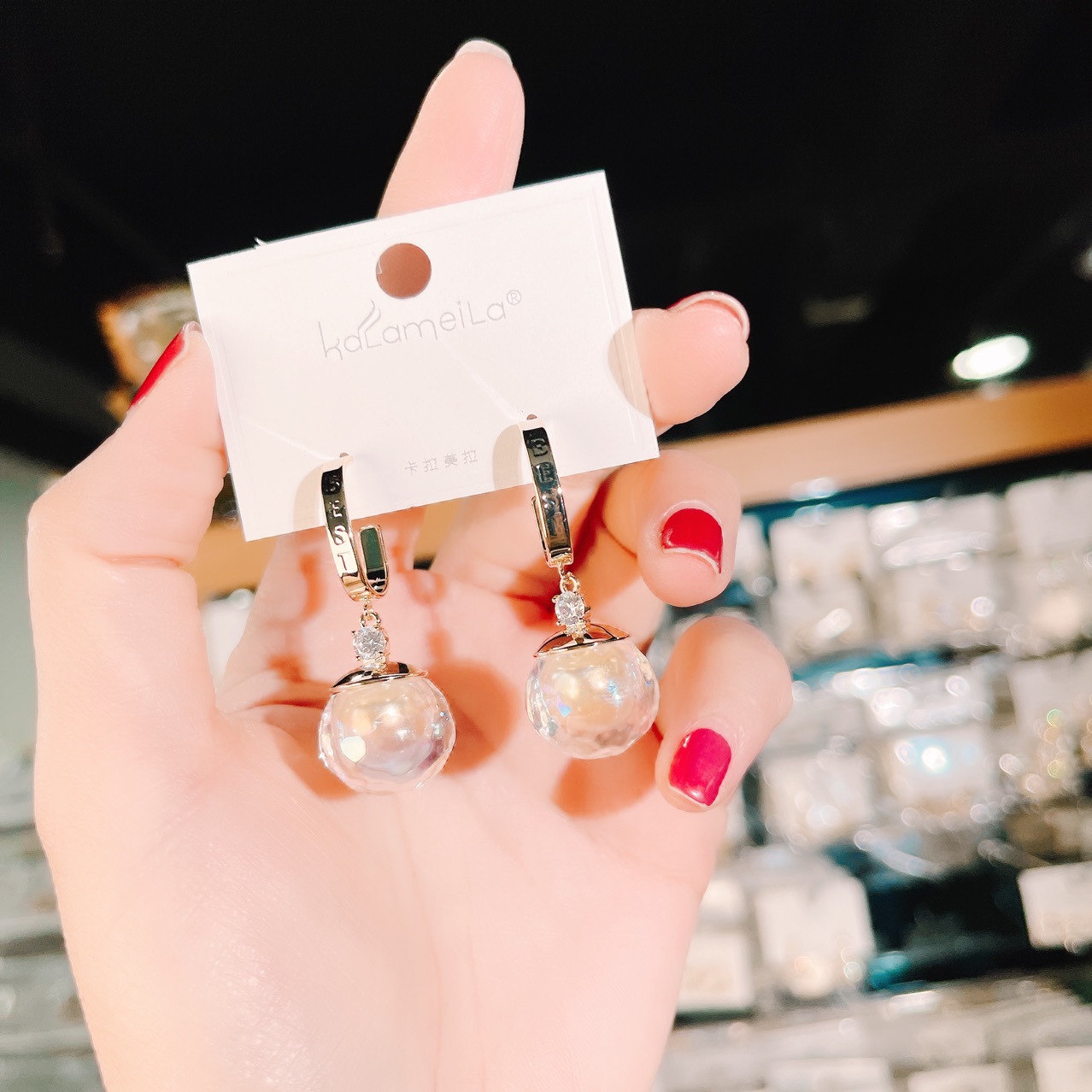 卡拉美拉时尚流行耳饰春夏人鱼姬透明珠珠耳坠925银针耳环耳钉女