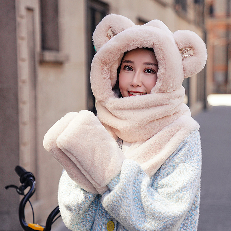 Autumn and Winter New Cute Bear Ear Scarf Female Thickened Fleece Warm Gloves Hat Scarf Integrated Three-Piece Set