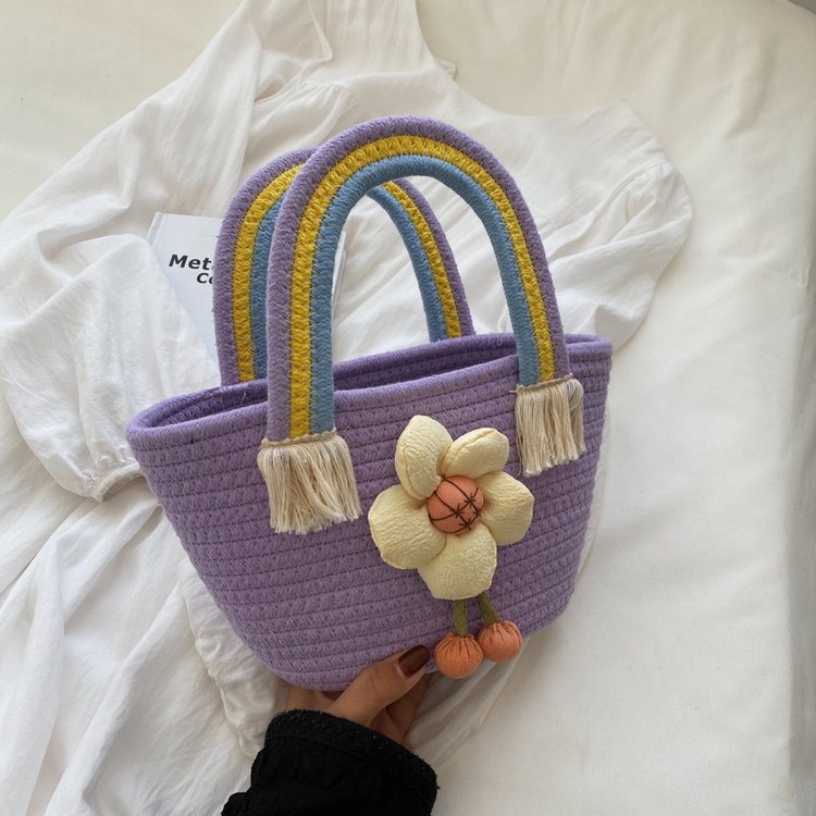 Rainbow Woven Bag 2023 New Student Handbag Women's High Sense Niche Temperament Large Capacity Cute Straw Bag