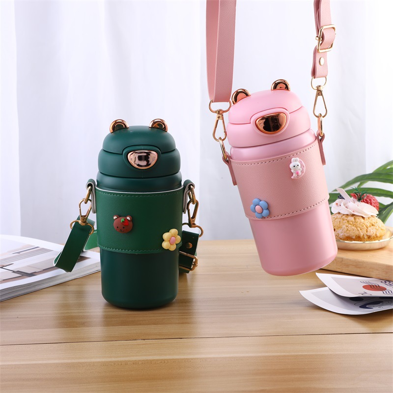 Children's Cute Thermal Mug Women's Portable Cup with Straw