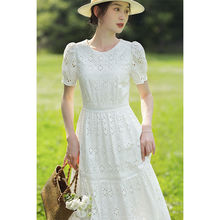 白色棉圆领法式连衣裙女夏季2024年新款女装收腰气质长裙子