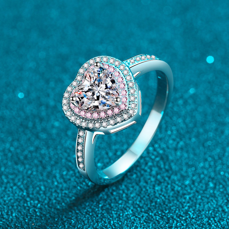 925纯银女戒 心形粉色跨境潮流甜美少女感1克拉莫桑石戒指-阿里巴巴