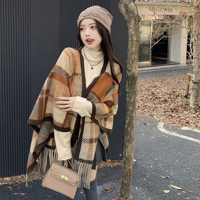 Korean Style Cashmere-like Air Conditioner Shawl Outer Match Internet Celebrity Cloak Autumn and Winter New Niche Retro Plaid Warm Scarf for Women