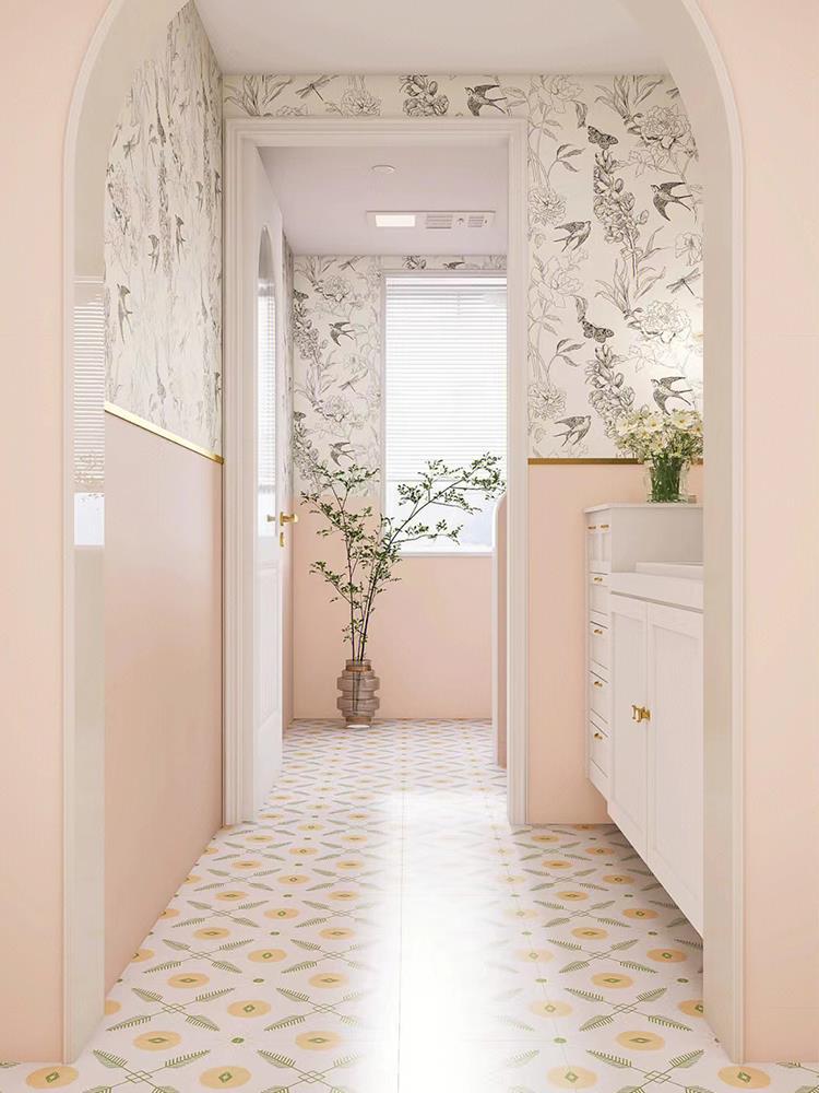 浅粉色卫生间瓷砖墙砖轻法式少女卫浴室洗手间地板砖燕子小拼花砖