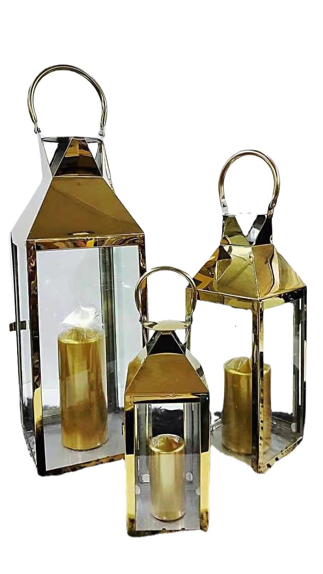 European-Style Floor Stainless Steel Windproof Storm Lantern Gold Retro Candlestick Wedding Props Outdoor Simplicity Ornaments