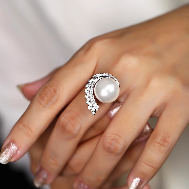 气质人工贝母珍珠戒指重工奢华揽月澳白珍珠明洁圆润食指女戒批发