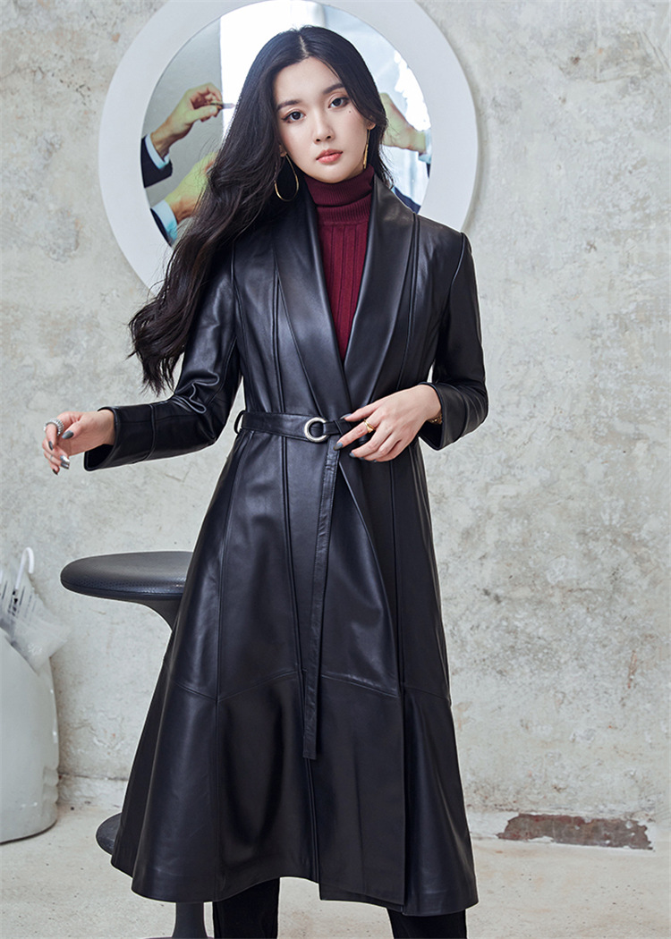 海宁2022新款气质中长款绵羊皮真皮皮衣收腰修身显瘦风衣外套女士
