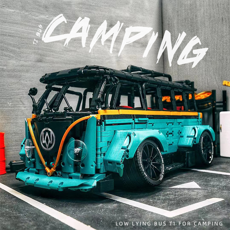 咔扣c021大众t2露营低趴巴士模型摆件男孩拼装益智小颗粒积木玩具