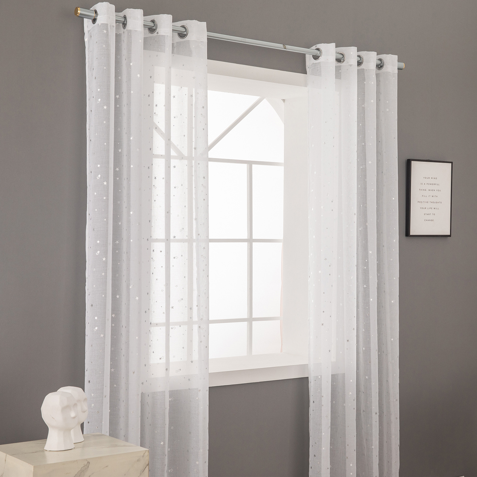 【提供图片】代发银色星星纱跨境外贸儿童纱帘铝箔印鸡眼索环窗帘