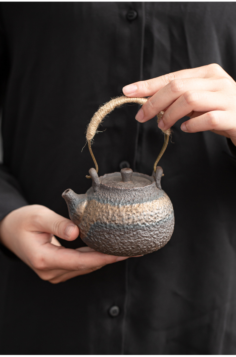 古早烧 提梁壶陶瓷功夫茶壶手工复古锤纹粗陶茶具西施小茶壶单壶