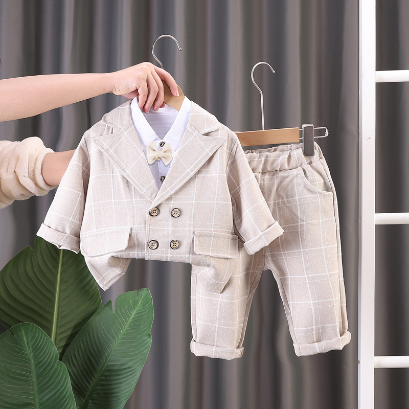 Korean Style Baby Long Sleeve Suit Three-Piece Set 2024 Autumn New Children's School Clothes Boys Performance Dress Suit