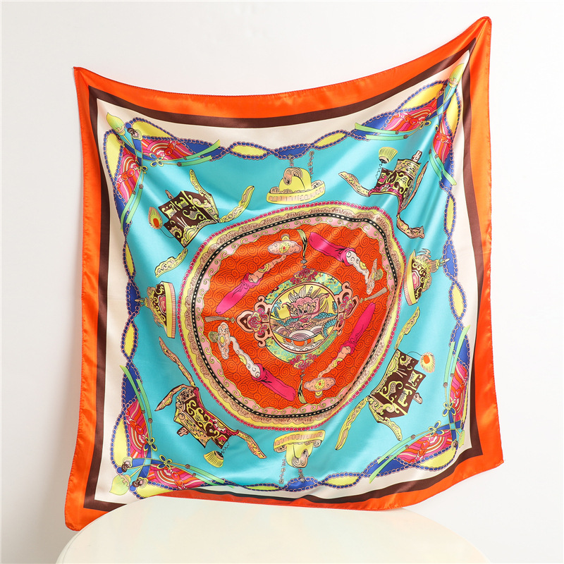 中国风印花丝巾古韵对称图案围巾90cm大方巾色丁仿真丝头巾披肩女