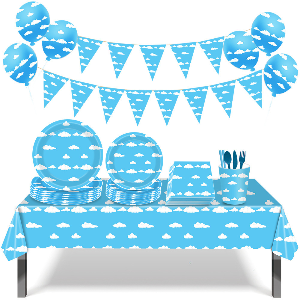 blue sky and white clouds cute party supplies knife， fork and spoon disposable tableware set paper cup and tissue