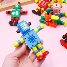 创意木质百变机器人男孩女孩变形积木可爱木头人弹性拼装玩具批发