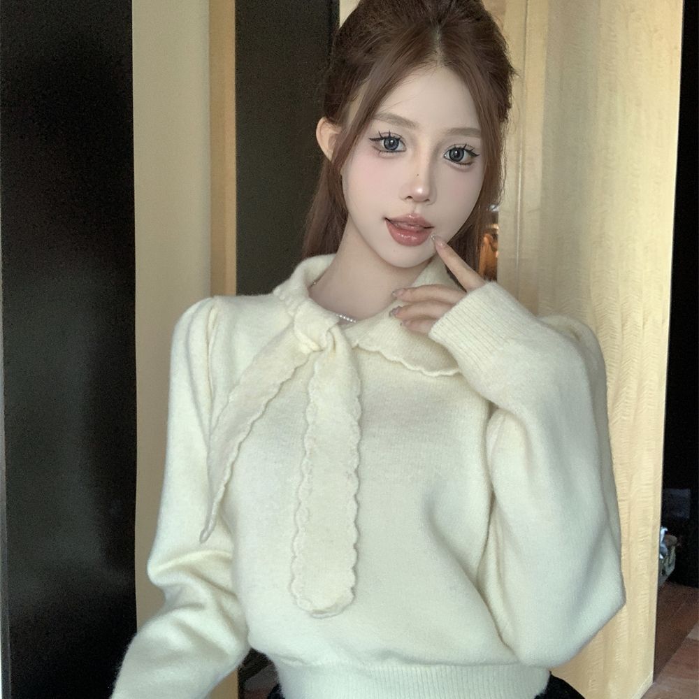 小香风娃娃领灰色毛衣女秋冬纯欲法式宫廷风上衣打底衫内搭感